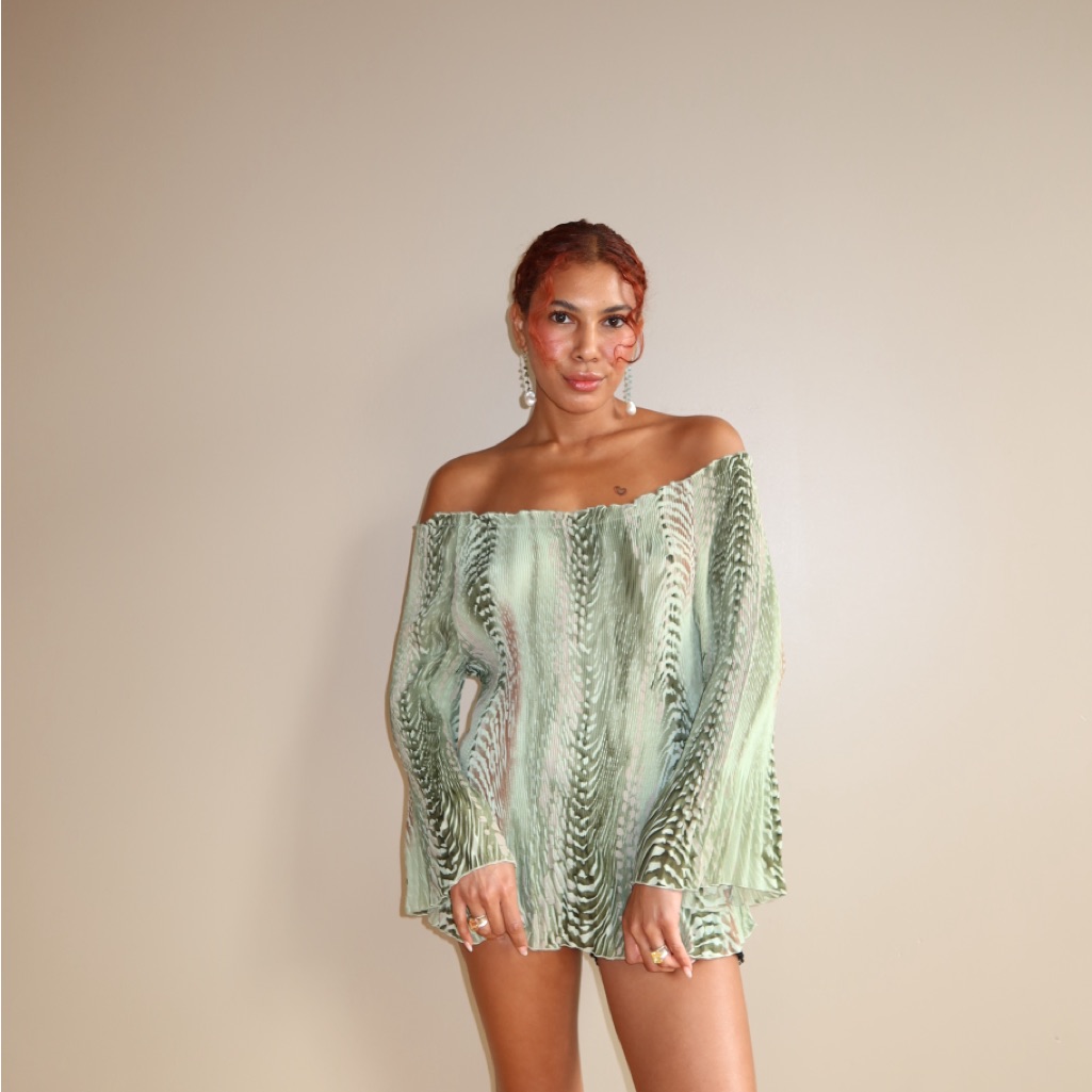 Vintage Jaipur Sage Green Pleated Off-Shoulder Top